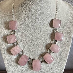 New Natural Rose Quartz Crystal Stone Silver Overlay Cluster Statement Necklace
